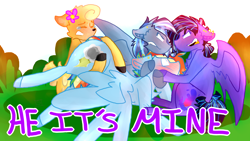 Size: 2560x1440 | Tagged: safe, artist:shinningblossom12, oc, oc only, oc:fairy glitter, oc:meadow waves, oc:rainbow ditz, oc:rosie, bat pony, deer, deer pony, original species, pony, angry, bat pony oc, bat wings, blushing, chest fluff, colored hooves, ear piercing, earring, female, flower, flower in hair, gay, jealous, jewelry, male, multicolored hair, next generation, not rainbow dash, open mouth, parent:rainbow dash, piercing, rainbow hair, stallion, text, wings