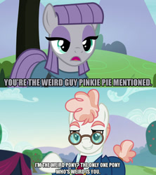 Size: 1280x1440 | Tagged: safe, edit, edited screencap, editor:jaredking203, screencap, maud pie, svengallop, earth pony, the mane attraction, the maud couple, caption, eyeshadow, female, glasses, image macro, makeup, male, mare, meme, stallion, text