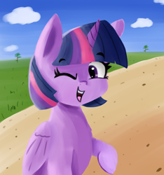 Size: 1520x1625 | Tagged: safe, artist:artiks, twilight sparkle, twilight sparkle (alicorn), alicorn, pony, female, looking at you, mare, one eye closed, smiling, solo, wink