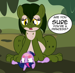 Size: 2232x2184 | Tagged: safe, artist:badumsquish, derpibooru exclusive, twilight sparkle, twilight sparkle (alicorn), oc, alicorn, frog, frog pony, hybrid, monster pony, original species, pony, blushing, canon x oc, chubby, dialogue, disappointed, embarrassed, female, forest, freckles, kiss mark, lesbian, lipstick, makeup, misleading thumbnail, mud, on back, pinned, sad, shocked, sitting, size difference, smiling, spots, surprised, swamp, talking, the frog prince, tree