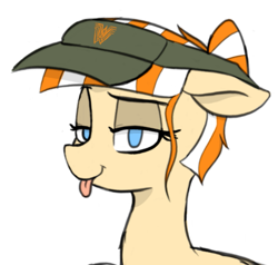 Size: 765x727 | Tagged: safe, artist:pinkberry, oc, oc:patty melt, earth pony, :p, colored sketch, drawpile, female, looking at you, mare, simple background, simple shading, sketch, solo, tongue out, visor, whataburger, white background