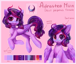 Size: 2941x2480 | Tagged: safe, artist:hikerumin, oc, oc only, demon, demon pony, original species, pegasus, pony, chest fluff, cutie mark, ethereal mane, female, heterochromia, horns, jewelry, looking at you, mare, pendant, reference, reference sheet, starry mane, tongue out