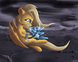 Size: 2500x2000 | Tagged: safe, artist:shido-tara, oc, oc only, oc:psychoshy, pegasus, pony, fallout equestria, fallout equestria: project horizons, cloud, dark clouds, electricity, fanfic art, female, grin, high res, mare, offspring, parent:fluttershy, power hoof, smiling, solo, wasteland