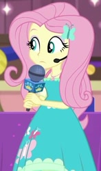 Size: 349x595 | Tagged: safe, screencap, fluttershy, best in show: the victory lap, better together, equestria girls, clothes, cropped, cute, dress, geode of fauna, headworn microphone, lidded eyes, magical geodes, microphone, shyabetes