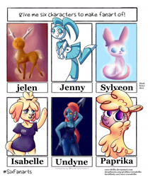 Size: 1280x1529 | Tagged: safe, artist:coco-drillo, paprika paca, alpaca, deer, them's fightin' herds, animal crossing, chest fluff, colourful, community related, crossover, ear fluff, isabelle, jenny wakeman, my life as a teenage robot, pokémon, six fanarts, sylveon, undertale, undyne