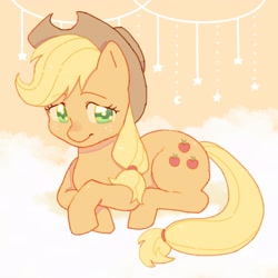 Size: 2048x2048 | Tagged: safe, artist:chapaghettii, derpibooru import, applejack, earth pony, pony, crescent moon, cute, female, jackabetes, looking at you, mare, moon, prone, sitting, solo, stars, three quarter view