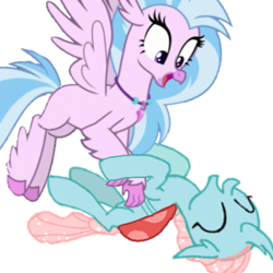 Size: 512x512 | Tagged: safe, artist:princessdestiny200i, ocellus, silverstream, changeling, hippogriff, adorable face, cuddly, cute, cuteness overload, daaaaaaaaaaaw, diaocelles, diastreamies, eyes closed, female, giggling, happy, hnnng, huggable, laughing, lesbian, looking down, ocellustream, on back, open mouth, shipping, simple background, smiling, tickle torture, tickling, weapons-grade cute, white background