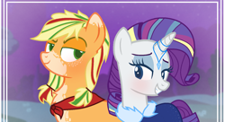 Size: 1552x846 | Tagged: safe, artist:bittersweethare, artist:kingbases, derpibooru import, applejack, rarity, earth pony, pony, unicorn, alternate hairstyle, base used, bedroom eyes, blushing, cape, chest fluff, clothes, coat, coat markings, eyeshadow, female, grin, horn, horn jewelry, jewelry, lesbian, looking at each other, makeup, mare, pigtails, rarijack, shipping, smiling, twintails