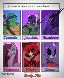 Size: 720x882 | Tagged: dead source, safe, derpibooru import, pinkie pie, anthro, earth pony, pony, turtle, alastor, animatronic, anthro with ponies, bonnie, bowtie, bust, crossover, donatello, female, five nights at freddy's, hazbin hotel, katana, leonardo, mare, mask, pinkamena diane pie, rise of the teenage mutant ninja turtles, six fanarts, smiling, soundwave, sword, teenage mutant ninja turtles, transformers, weapon