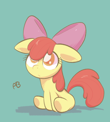 Size: 1734x1928 | Tagged: safe, artist:noupu, apple bloom, earth pony, pony, adorabloom, blank flank, colored pupils, cute, female, filly, floppy ears, green background, simple background, sitting, solo