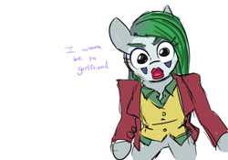 Size: 952x667 | Tagged: safe, artist:jargon scott, marble pie, earth pony, semi-anthro, clothes, clown, dialogue, female, incelpie, joker (2019), mare, open mouth, simple background, solo, the joker, white background