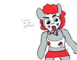 Size: 900x697 | Tagged: safe, artist:jargon scott, edit, marble pie, clothes, clown, incelpie, looking at you, simple background, solo, white background