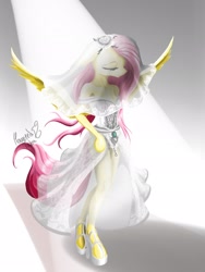 Size: 1536x2048 | Tagged: safe, alternate version, artist:psaxophone, derpibooru import, fluttershy, anthro, pegasus, unguligrade anthro, clothes, dress, female, flower, solo, spotlight, veil