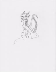 Size: 2550x3300 | Tagged: safe, artist:victoriathedragoness, oc, oc:victoria, dragon, braid, dragoness, female, monochrome, raised eyebrow, sitting, smiling, solo, transparent wings, wings