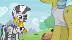 Size: 1920x1080 | Tagged: safe, screencap, doctor fauna, zecora, earth pony, zebra, she talks to angel, beautiful, cutie mark, ear piercing, earring, female, hoof on chest, jewelry, looking at someone, mare, mohawk, neck rings, offscreen character, piercing, smiling, sweet feather sanctuary, talking