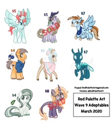 Size: 1280x1458 | Tagged: safe, artist:redpalette, oc, alicorn, changedling, changeling, deer, earth pony, hippogriff, unicorn, adoptable, adoption, adopts, cute, female, male, mare, stallion