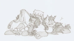 Size: 1181x651 | Tagged: safe, artist:ravenpuff, oc, oc only, oc:hunter, bat pony, pony, bat pony oc, bat wings, colt, drool, eyes closed, fangs, female, frog (hoof), grayscale, male, mare, monochrome, pony pile, simple background, sleeping, underhoof, white background, wings