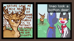 Size: 1280x720 | Tagged: safe, edit, editor:sunberry, cat, deer, antlers, brown eyes, collar, comic, dialogue, fleshbaby, grass, meme, mocking, necktie, pony town, sky, speech bubble, text