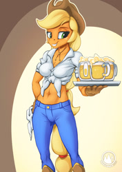 Size: 955x1351 | Tagged: safe, artist:mysticalpha, derpibooru import, applejack, anthro, earth pony, abstract background, applejack's hat, applerack, belly button, beverage, breasts, cider mug, clothes, cowboy hat, female, front knot midriff, grin, hat, jeans, midriff, mug, pants, smiling, solo, tray