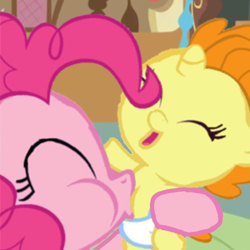 Size: 512x512 | Tagged: safe, artist:princessdestiny200i, derpibooru import, screencap, pinkie pie, pumpkin cake, earth pony, pony, adorkable, baby, baby pony, blowing, cute, diapinkes, dork, eyes closed, female, laughing, pinkie being pinkie, primal, pumpkinbetes, raspberry, tickling, tongue out, trace, tummy buzz