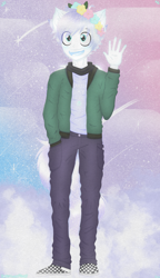 Size: 2300x4000 | Tagged: safe, artist:darkest-lunar-flower, oc, oc:lux(pearle), alien, anthro, human, clothes, floral head wreath, flower, humanized, humanoid, jacket, space, space background, waving