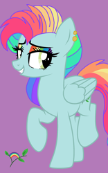 Size: 1388x2218 | Tagged: safe, artist:circuspaparazzi5678, oc, oc:rainbow blitz, pegasus, pony, base used, cutie mark, ear piercing, earring, grin, jewelry, magical lesbian spawn, multicolored hair, offspring, parent:fluttershy, parent:rainbow dash, parents:flutterdash, piercing, purple background, rainbow hair, rainbow makeup, simple background, smiling
