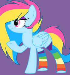 Size: 2092x2248 | Tagged: safe, artist:circuspaparazzi5678, oc, oc:pansexual, pegasus, pony, base used, clothes, eyeshadow, makeup, rainbow socks, smiling, socks, solo, striped socks