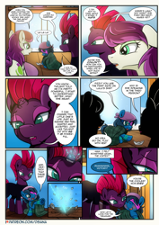 Size: 2480x3508 | Tagged: safe, artist:dsana, fizzlepop berrytwist, tempest shadow, oc, oc:lullaby dusk, oc:thistledown, earth pony, pegasus, pony, unicorn, comic:a storm's lullaby, comic, cute, dialogue, female, filly, mare, misspelling, nuzzling, one eye covered, paper boat, pirate outfit, playing, smiling, when she smiles