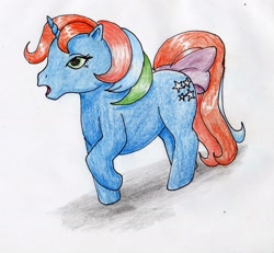 Size: 2219x2052 | Tagged: safe, artist:40kponyguy, derpibooru exclusive, starflower, unicorn, g1, bow, requested art, simple background, solo, tail bow, traditional art