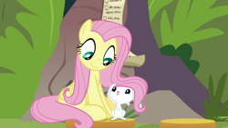 Size: 1920x1080 | Tagged: safe, derpibooru import, screencap, angel bunny, fluttershy, pegasus, pony, she talks to angel, angelbetes, cute, looking at each other, shyabetes, sitting
