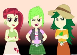 Size: 1058x755 | Tagged: safe, artist:robukun, cherry crash, rose heart, sweet leaf, equestria girls, clothes, ear piercing, earring, female, hat, jewelry, looking at you, piercing, plaid skirt, skirt, trio, trio female, vest