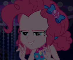 Size: 1308x1080 | Tagged: safe, screencap, pinkie pie, better together, equestria girls, spring breakdown, bow, choker, clothes, cropped, cruise, cruise outfit, cruise ship, curly hair, cute, dark, dark background, devious, devious smile, diapinkes, female, geode of sugar bombs, hair bow, heart, jewelry, lidded eyes, magical geodes, scheming, sleeveless, solo, talking, yacht