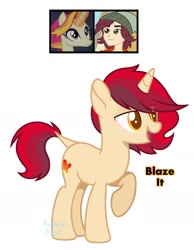 Size: 1292x1668 | Tagged: safe, artist:boyebudgie, fire flare, normal norman, oc, oc:blaze it, pony, unicorn, equestria girls, male, offspring, parent:fire flare, parent:normal norman, simple background, stallion, white background