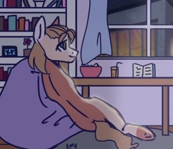 Size: 370x320 | Tagged: safe, artist:epiphanyscenario, oc, earth pony, pony, beanbag chair, cereal, female, food, mare, night, scenery, solo