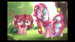 Size: 2208x1242 | Tagged: safe, artist:sir art, derpibooru import, pinkie pie, oc, oc:cup and cake, earth pony, pony, colored pupils, conjoined, conjoined twins, crying, female, filly, frown, lidded eyes, looking up, mare, mother and child, mother and daughter, next generation, offspring, open mouth, parent and child, parent:cheese sandwich, parent:pinkie pie, parents:cheesepie, rainbow power, raised hoof, sad, smiling, twins