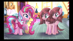 Size: 2208x1242 | Tagged: safe, artist:sir art, derpibooru import, pinkie pie, oc, oc:cup and cake, earth pony, pony, conjoined, conjoined twins, female, next generation, offspring, parent:cheese sandwich, parent:pinkie pie, parents:cheesepie