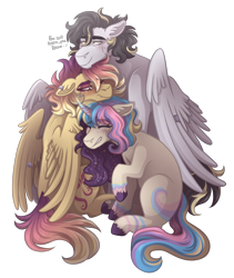 Size: 1900x2250 | Tagged: safe, artist:kikirdcz, oc, oc:lightning strike, oc:sunrise skies, oc:supernova, pegasus, pony, unicorn, female, group hug, hug, male, mare, simple background, stallion, transparent background