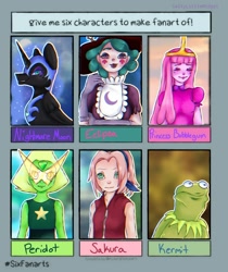 Size: 1000x1192 | Tagged: safe, artist:snugglyboi, nightmare moon, alicorn, human, pony, adventure time, bust, clothes, crossover, eclipsa butterfly, female, haruno sakura, hat, helmet, kermit the frog, mare, naruto, peridot (steven universe), peytral, princess bubblegum, six fanarts, star vs the forces of evil, steven universe, the muppets