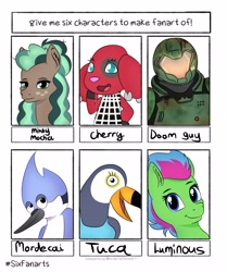 Size: 3104x3705 | Tagged: safe, artist:suchalmy, minty mocha, anthro, bird, earth pony, pony, toucan, animal crossing, anthro with ponies, bust, clothes, crossover, doomguy, female, freckles, male, mare, mordecai, regular show, six fanarts, smiling, solo, tuca, tuca and bertie