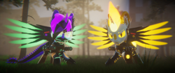 Size: 3840x1620 | Tagged: safe, artist:phoenixtm, oc, oc:delta firedash, oc:phoenix stardash, alicorn, cyborg, dracony, dragon, hybrid, pony, 3d, abandoned, angry, armor, battle stance, energy weapon, spread wings, unity (game engine), weapon, wings