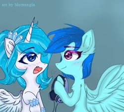 Size: 2200x2000 | Tagged: safe, artist:memengla, oc, oc only, alicorn, pegasus, pony, female, oc x oc, shipping, two toned wings, wings