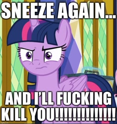 Size: 840x895 | Tagged: safe, derpibooru import, edit, edited screencap, screencap, fluttershy, twilight sparkle, twilight sparkle (alicorn), alicorn, pegasus, pony, the last problem, angry, caption, coronavirus, covid-19, cropped, death threat, disgusted, disproportionate retribution, excessive exclamation marks, image macro, implied sneeze, meme, solo focus, text, threat, vulgar