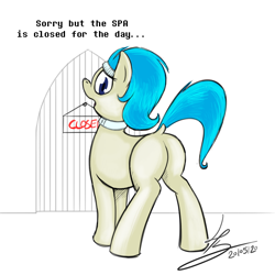 Size: 800x800 | Tagged: safe, artist:hardlugia, oc, oc:castel, earth pony, pony, androgynous, androgynous male, butt, closed, collar, dock, female, headband, looking back, mare, plot, solo, text