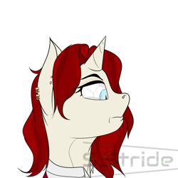 Size: 2000x2000 | Tagged: safe, artist:shade stride, oc, oc:ruby tip, unicorn, angry, augmented, bat eyes, bust, clothes, cyberpunk, female, horn, jewelry, mare, solo