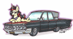 Size: 1024x552 | Tagged: safe, artist:sketchywolf-13, oc, oc only, oc:peaceful treasure, pony, unicorn, car, collar, commission, female, horn, jewelry, looking at you, mare, mercury (car), mercury comet, pose, simple background, solo, traditional art, white background