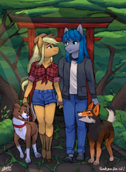 Size: 1400x1900 | Tagged: safe, artist:varllai, derpibooru import, applejack, winona, oc, oc:hiroki, oc:isamaru, anthro, plantigrade anthro, anthro oc, bedroom eyes, boots, canon x oc, clothes, commission, cowboy boots, forest, hirojack, holding hands, lidded eyes, looking at each other, shoes, smiling, torii, walking