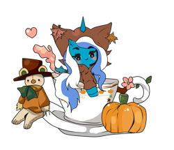 Size: 963x830 | Tagged: safe, artist:gitsudoptions, oc, oc:fleurbelle, alicorn, pony, alicorn oc, autumn, cupcake, female, food, horn, mare, pumpkin, simple background, tea, teddy bear, transparent background, wings