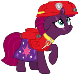 Size: 1078x1044 | Tagged: safe, artist:徐詩珮, fizzlepop berrytwist, tempest shadow, pony, unicorn, series:sprglitemplight diary, series:sprglitemplight life jacket days, series:springshadowdrops diary, series:springshadowdrops life jacket days, alternate universe, clothes, cute, marshall (paw patrol), paw patrol, simple background, transparent background