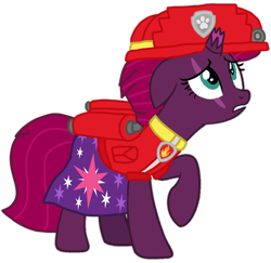 Size: 1078x1049 | Tagged: safe, artist:徐詩珮, fizzlepop berrytwist, tempest shadow, pony, unicorn, series:sprglitemplight diary, series:sprglitemplight life jacket days, series:springshadowdrops diary, series:springshadowdrops life jacket days, alternate universe, clothes, cute, marshall (paw patrol), paw patrol, simple background, transparent background