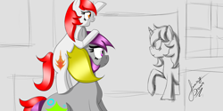 Size: 2560x1280 | Tagged: safe, artist:jimmy draws, oc, oc only, oc:annie flamme, oc:fireice, oc:ice flamme, earth pony, unicorn, cutie mark, female, filly, sketch, take on me